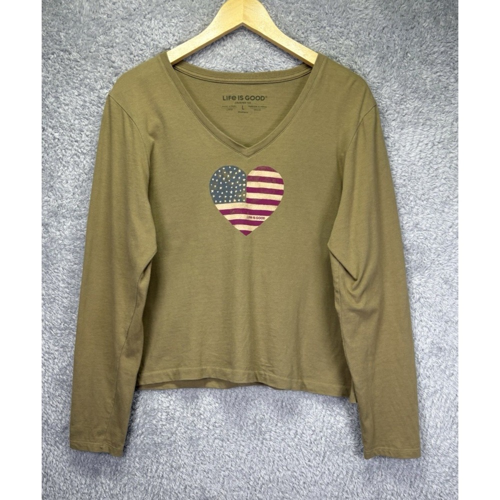Life is Good Crusher T Shirt Womens Patriotic USA Flag Heart Long Sleeve Green L
